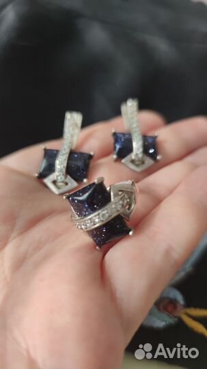 Серебряный комплект с авантюрином и цирконами 925