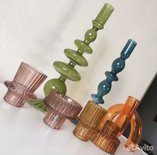 Подсвечник винтажный интерьерный цветное стекло