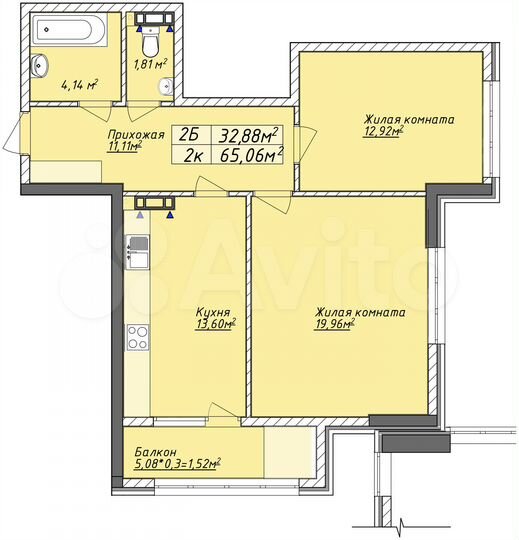 2-к. квартира, 65,1 м², 10/12 эт.