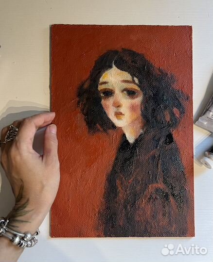 Картина маслом портрет девушка в пальто