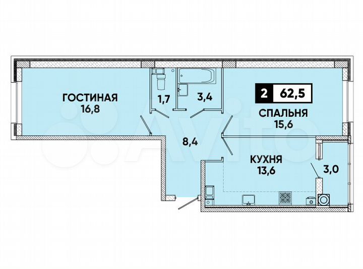 2-к. квартира, 63 м², 8/12 эт.