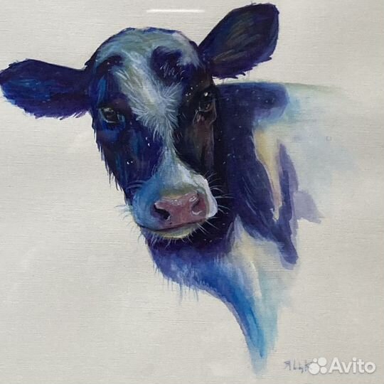 Картина акварель корова в раме