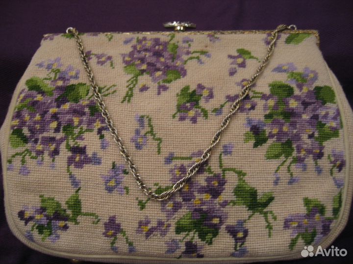Винтажная вышитая сумка фиалки