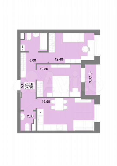 2-к. квартира, 57,9 м², 5/12 эт.