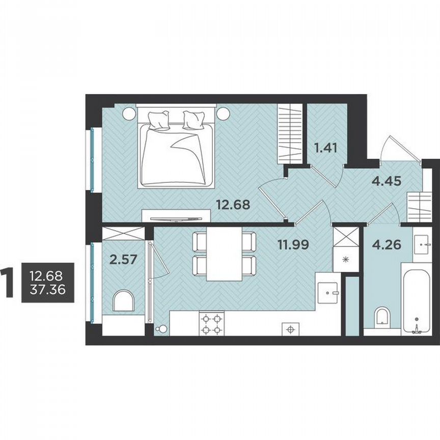 1-к. квартира, 37,4 м², 1/4 эт.