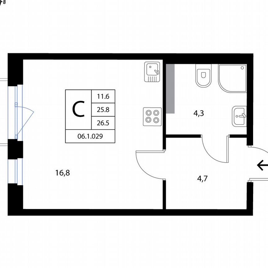 1-к. квартира, 26,5 м², 3/3 эт.