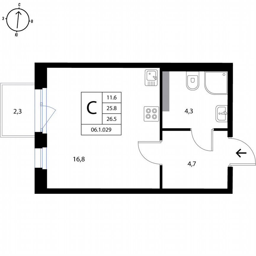 1-к. квартира, 26,5 м², 3/3 эт.