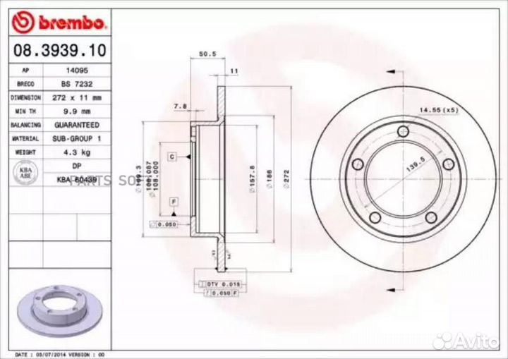 Brembo 08393910 Диск тормозной передний 272mm