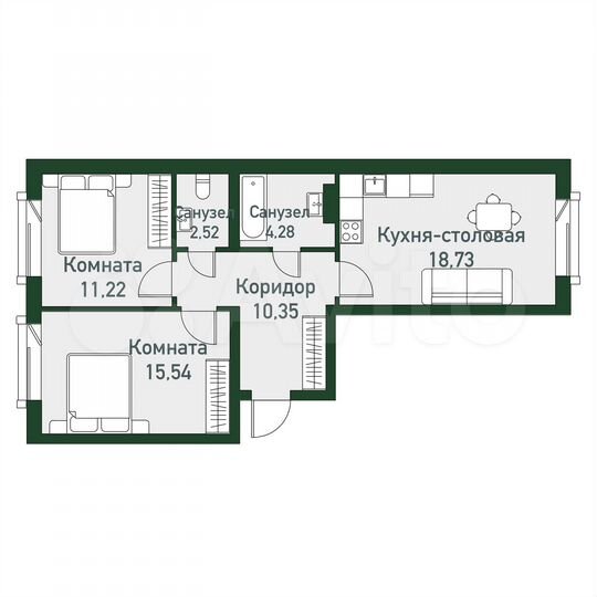 2-к. квартира, 62,6 м², 3/3 эт.