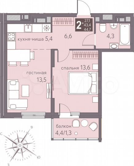 2-к. квартира, 44,7 м², 10/16 эт.