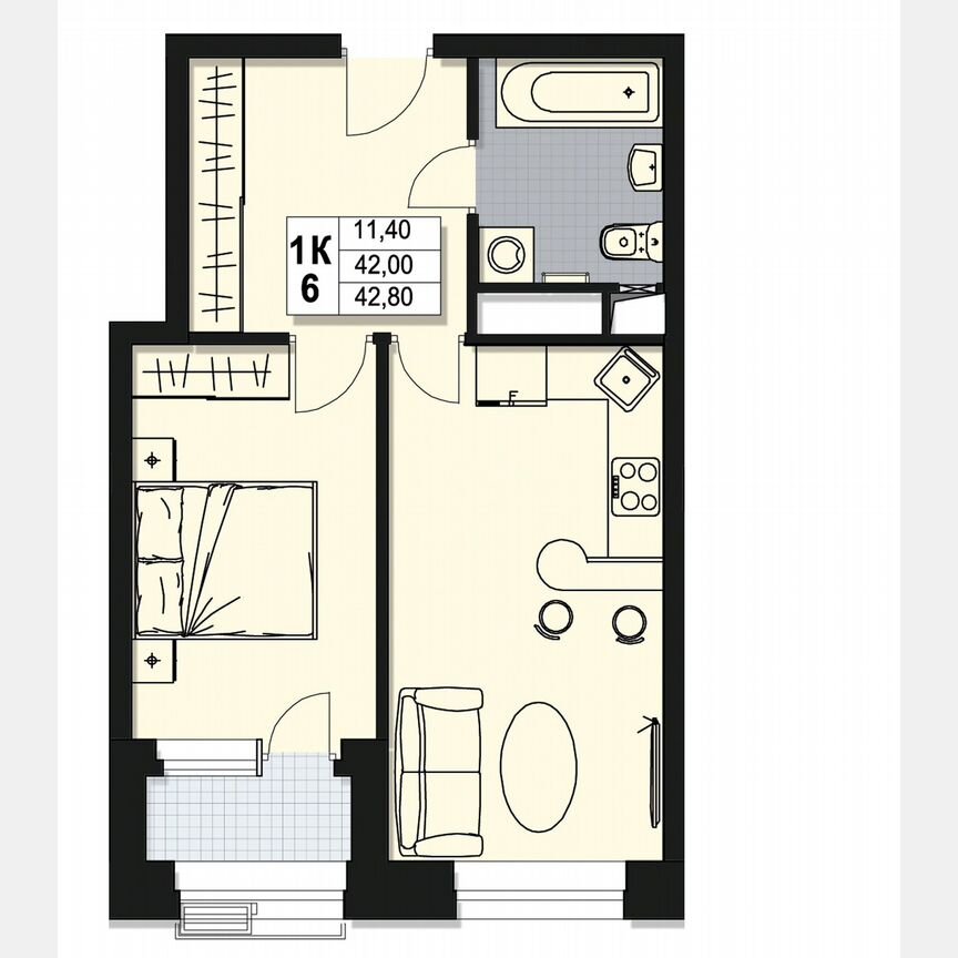 1-к. квартира, 42 м², 13/17 эт.