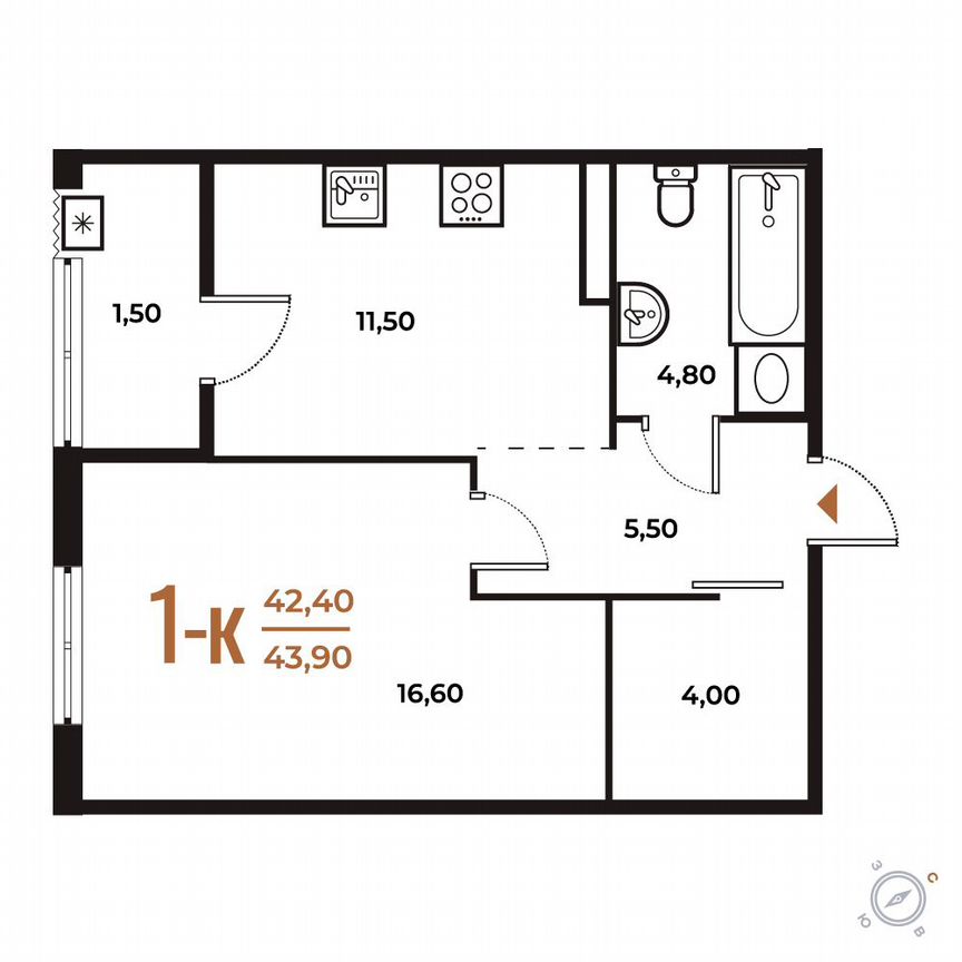 1-к. квартира, 43,9 м², 3/8 эт.