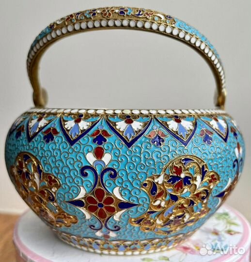 Сахарница серебро 84 пр, эмали, Г. Клингерт