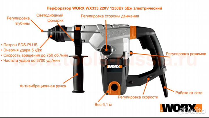 Новый перфоратор Worx 1250вт 5дж