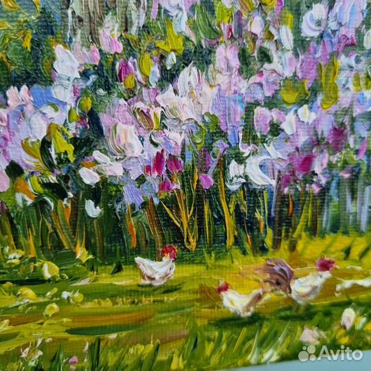 Картина маслом пейзаж сирень цветы дом береза