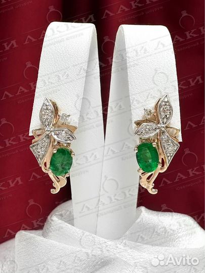 Золотые серьги бриллианты, изумруд 585 / 6.11 гр