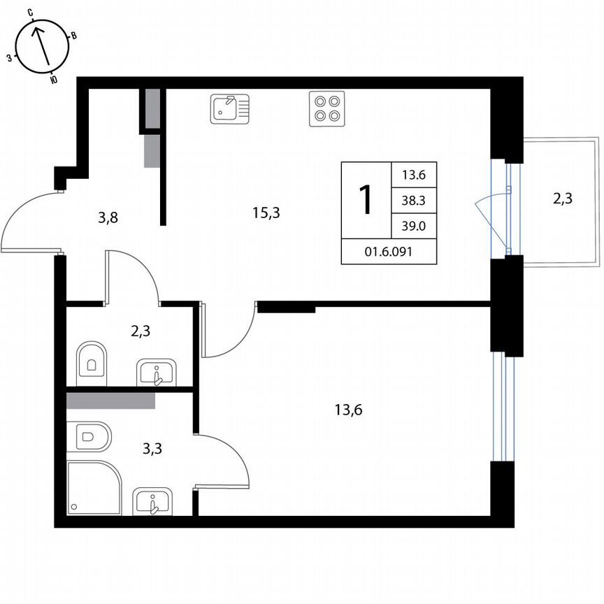 1-к. квартира, 39 м², 2/3 эт.