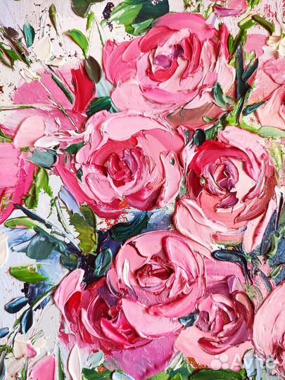 Картина маслом цветы розы букет роз в вазе 40х30см
