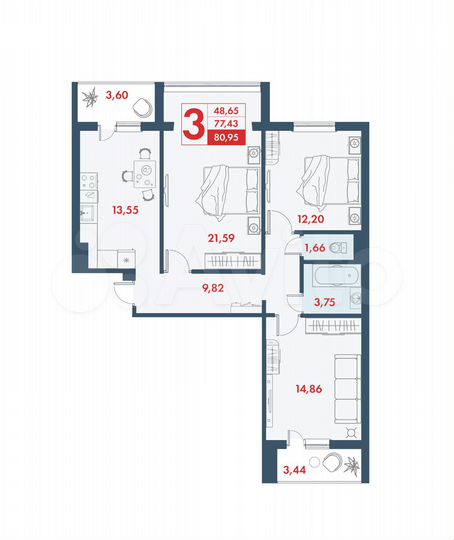3-к. квартира, 81 м², 2/10 эт.