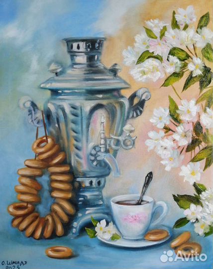 2 натюрморта с самоваром. Картина маслом 50х40