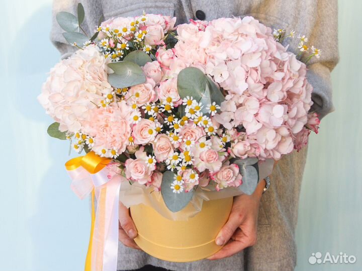 Шляпная коробка с гортензиями и ромашками