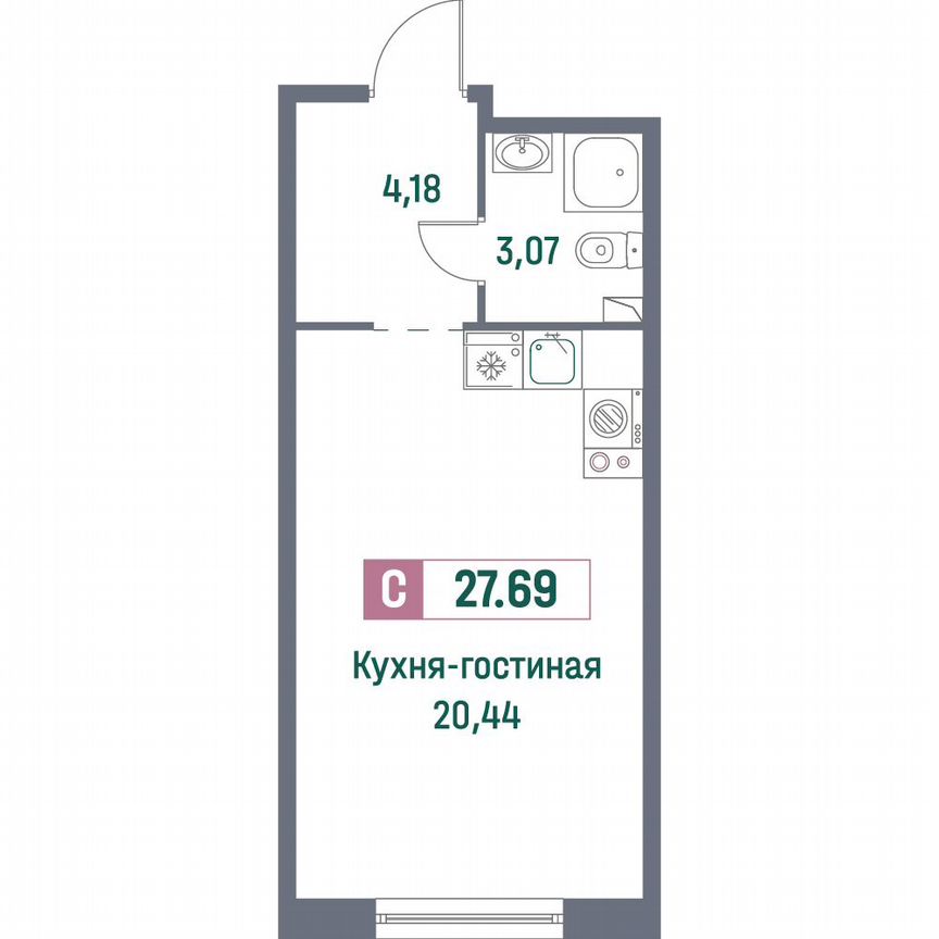 Квартира-студия, 27,7 м², 1/16 эт.