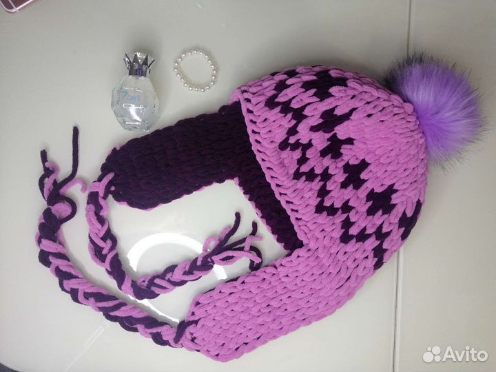 Шапка ушанка женская вязаная