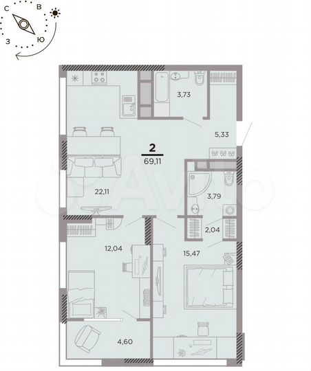 2-к. квартира, 69,1 м², 12/25 эт.