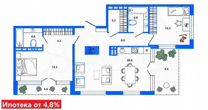 2-к. квартира, 77 м², 5/16 эт.