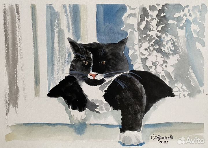 Картина, Кот в окне, Коты за углом. Акварель