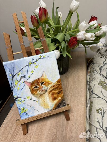 Картина маслом на холсте Весна (Рыжий кот)