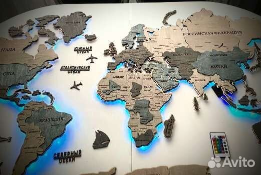 Карта мира из дерева, панно на стену