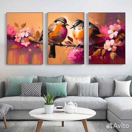 Модульная картина маслом Птички на ветке