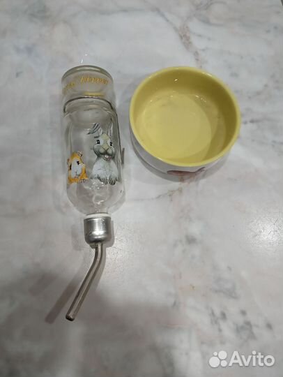 Миска керамическая и стеклянная поилка для кролика