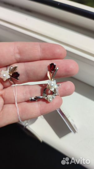 Серебро позолота комплект гранаты жемчуг перламутр