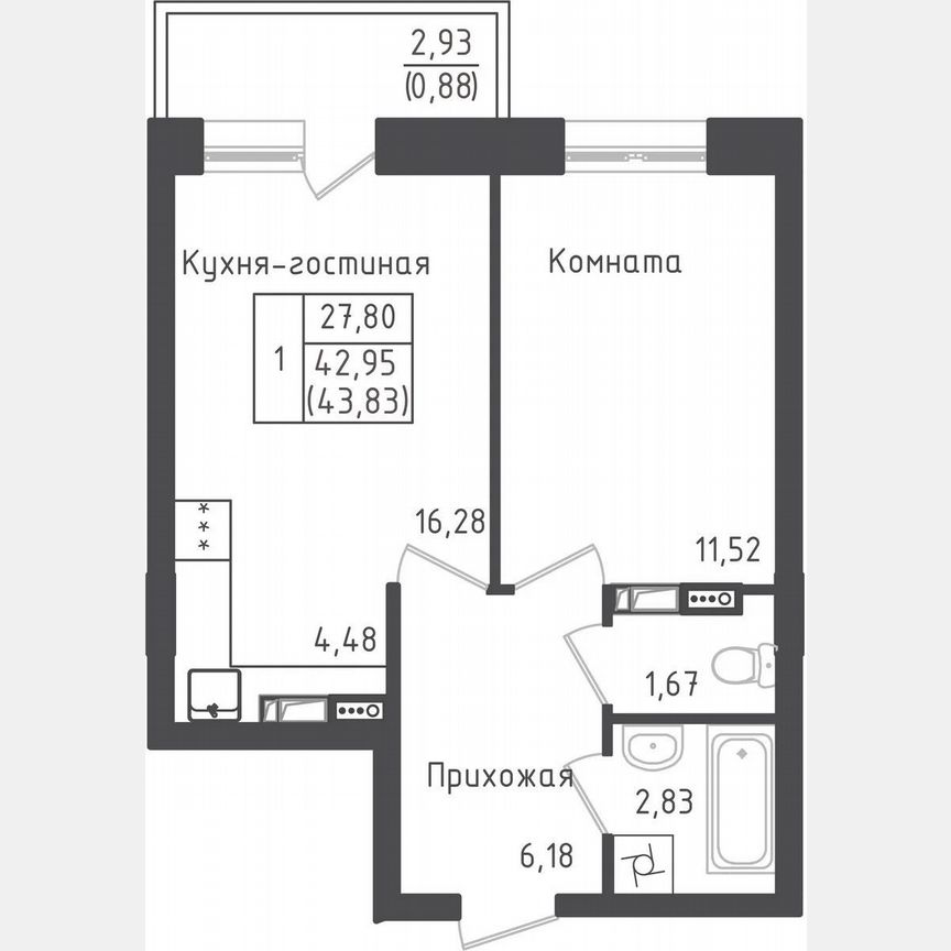1-к. квартира, 43,8 м², 3/5 эт.