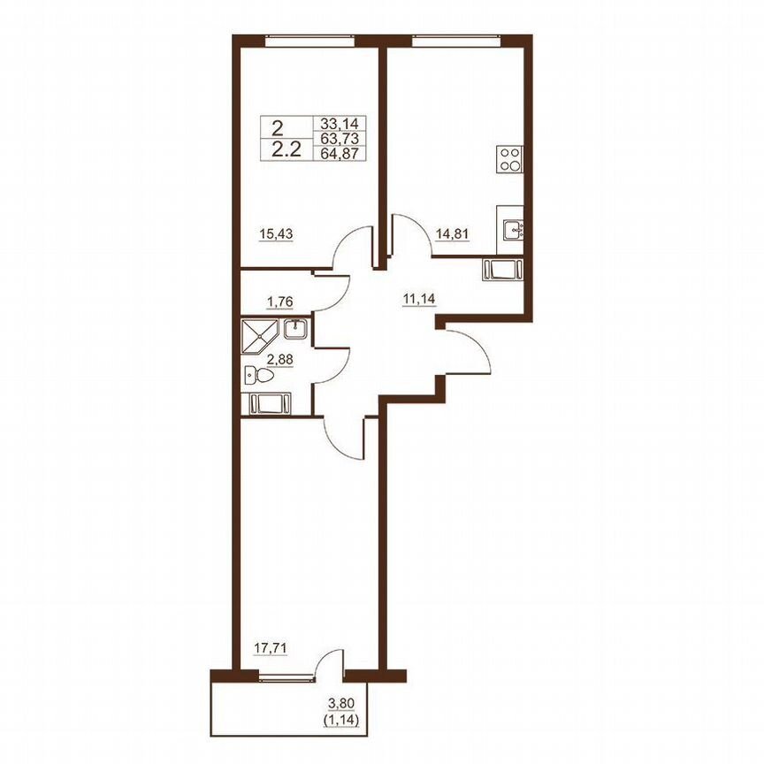 2-к. квартира, 64,9 м², 9/11 эт.