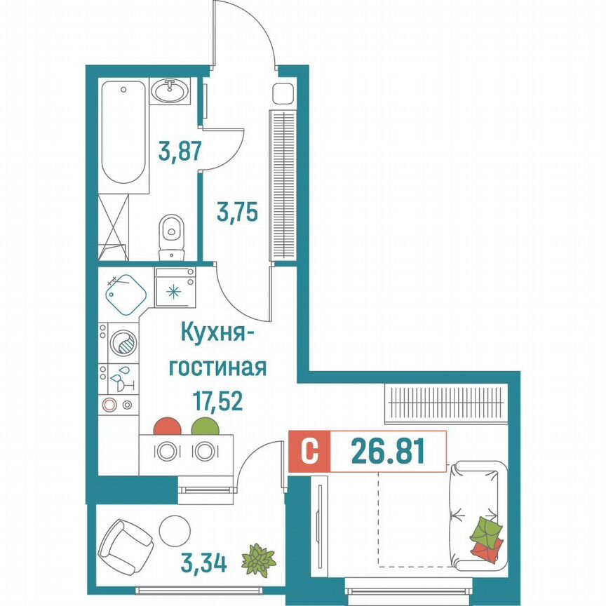 Квартира-студия, 26,8 м², 1/18 эт.