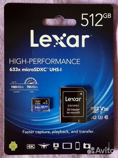 Lexar 512 Гб microSD 10 class UHS-I A2 U3, новая