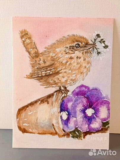 Картина маслом Миниатюра. Птичка и цветок