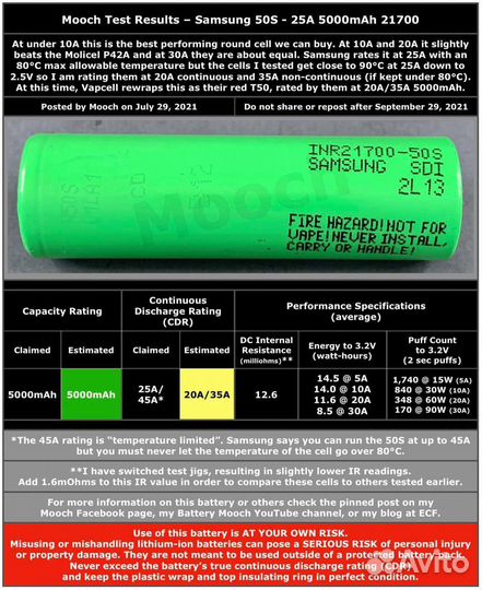 Аккумуляторы Samsung 21700 50S 5000mah 45A