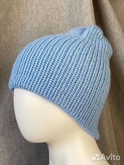 Шапка бини двойная вязаная голубая. Ручная работа