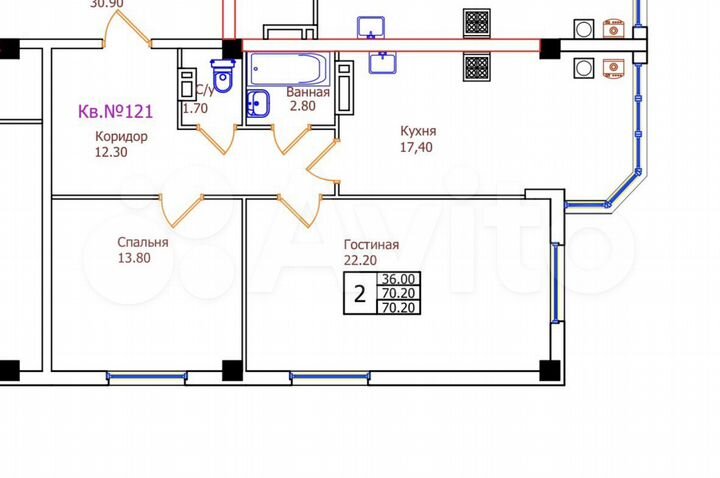 2-к. квартира, 70,2 м², 2/8 эт.