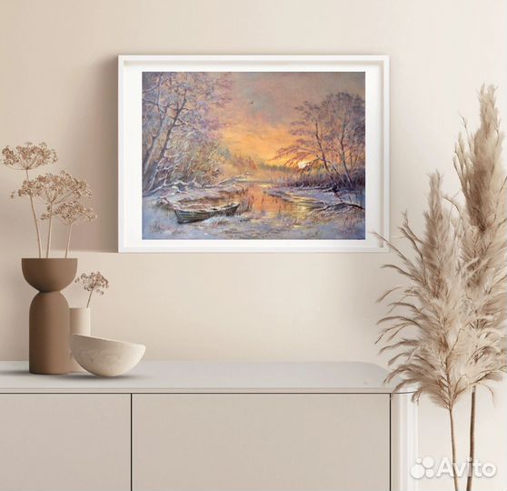 Картина маслом Морозное утро, зимний пейзаж