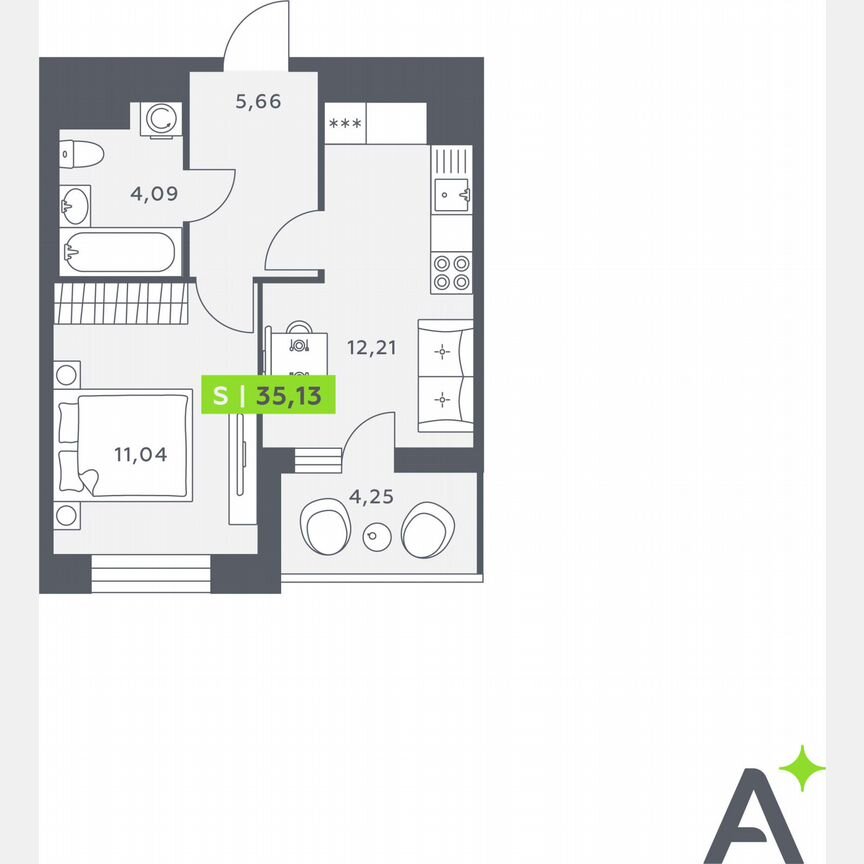 1-к. квартира, 35,1 м², 5/12 эт.