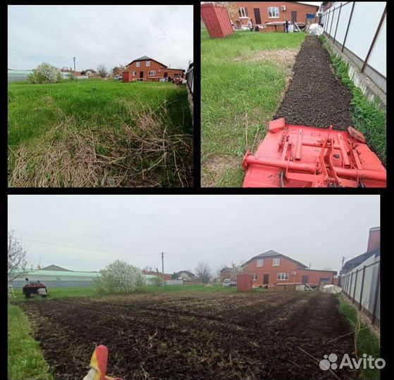 Вспашка земли японским мини трактором фреза, плуг