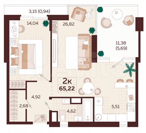 2-к. квартира, 65,2 м², 5/7 эт.