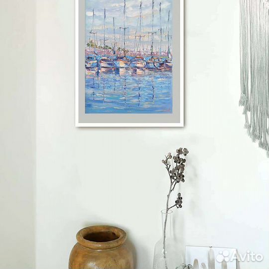 Картина маслом лодки пейзаж море 50х35 см