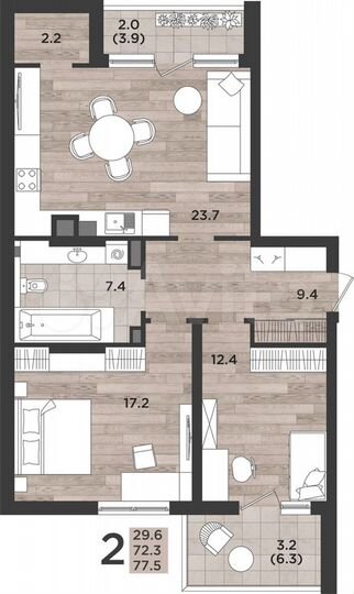 2-к. квартира, 77,5 м², 2/12 эт.