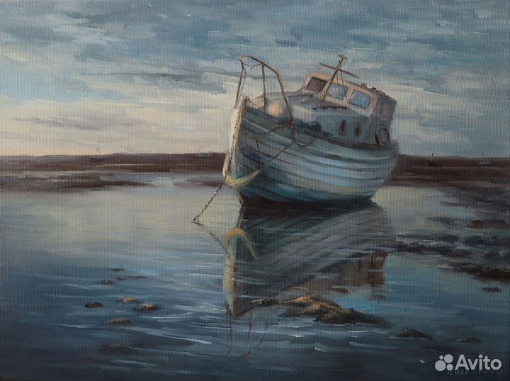 Картина маслом Морской пейзаж Баркас 30х40см